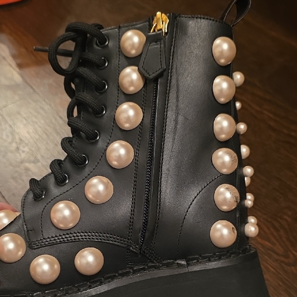 Moschino Black Leather Boots with Pearl Details - Picture 6 of 7